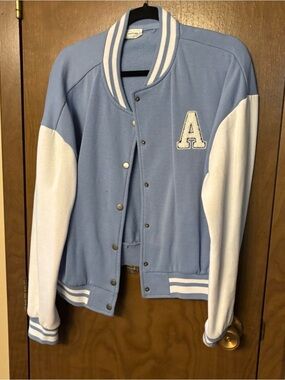 Reflex Letterman Jacket in Light Blue and White